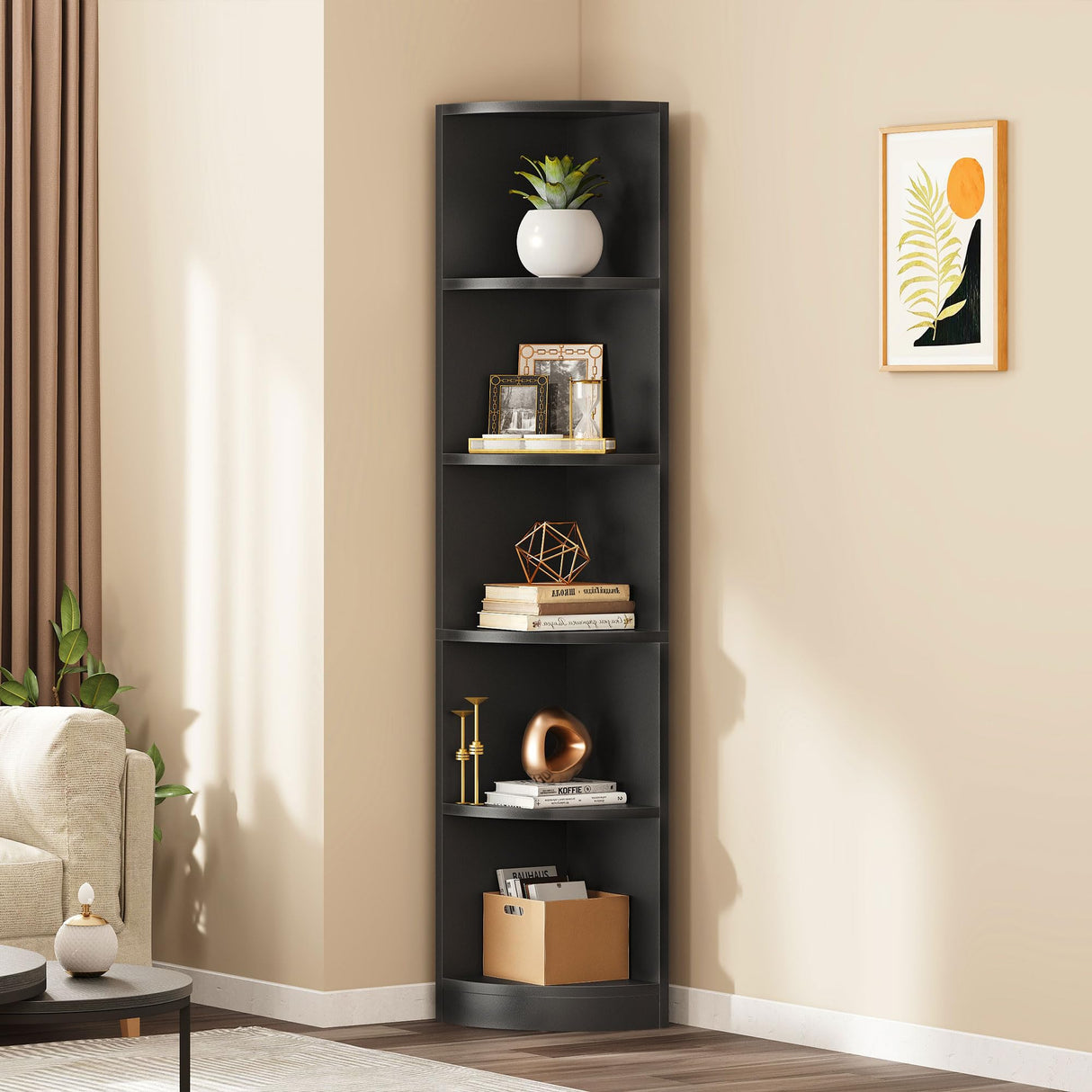 YITAHOME 5-Tier Black Corner Bookshelf - Modern Free Standing Display Bookcase YITAHOME
