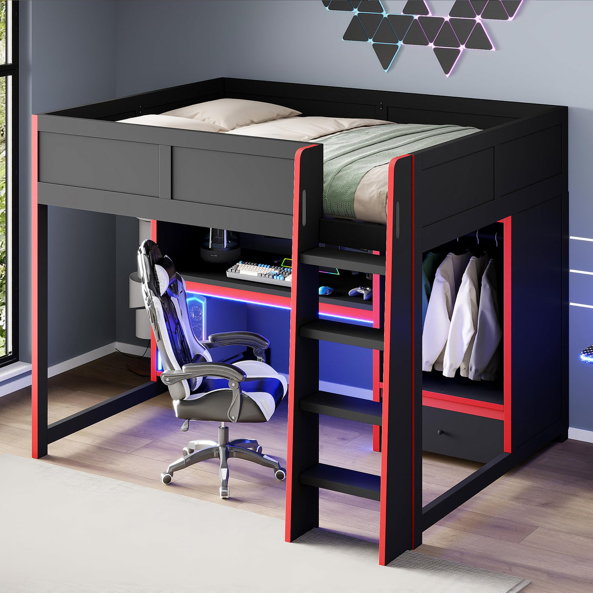 Ball & Cast Full Size Gaming Loft Bed with Built-in Desk,Wood Gamer Bed Frame w/Wardrobe and Drawer,Underbed Storage Space,Stairs,Full-Length Guardrail,Bedroom Furniture for Student Dorms,Black Ball & Cast