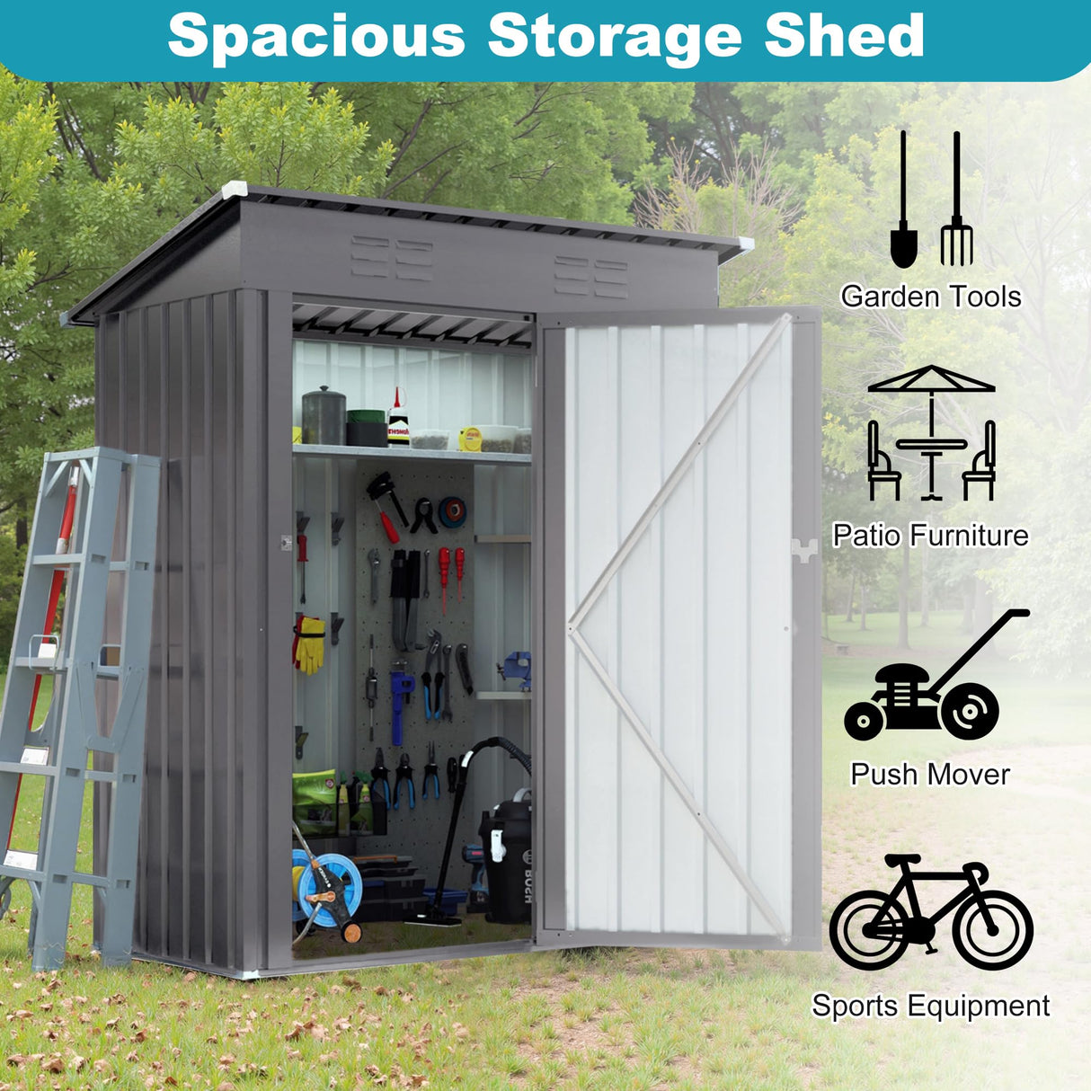 Lyngins 5X3 FT Outdoor Metal Storage Shed, Tool Shed with Pitched Roof and Lockable Door, Compact Garden Shed for Backyard Garden Patio Lawn, Gray Lyngins