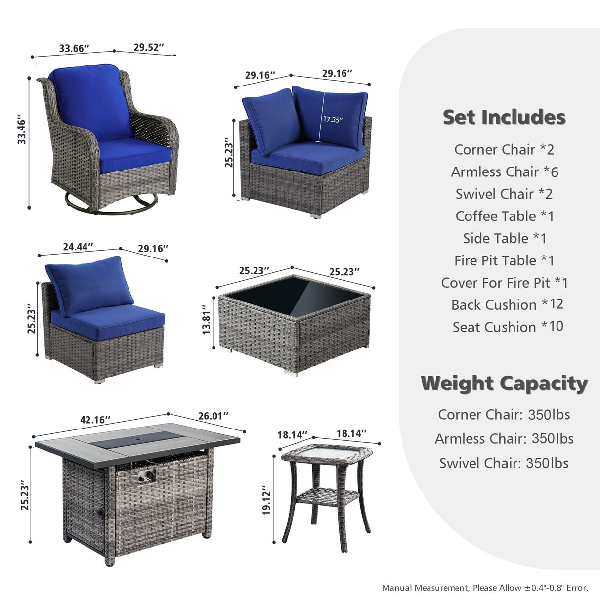 HOOOWOOO Patio Outdoor Sectional Furniture Sofa Set with Fire Pit Table,13 Piece L Shaped Wicker Couch Set with Swivel Chairs,Modern 10 Persons Summer Patio Conversation Set(Navy Blue) HOOOWOOO