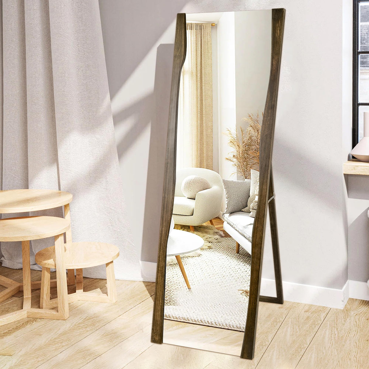 Tanmicoshomy Full Length Mirror with Stand 21x63 Inches, Wood Framed Floor Full Body Mirror for Bathroom Bedroom Living Room,Tempered Glass Shatter-Proof Mirror (21x63 Brown) Tanmicoshomy