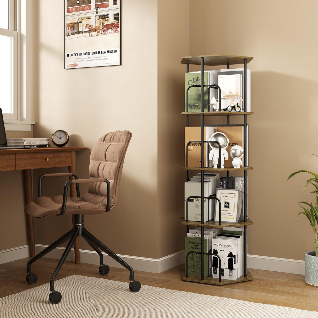 SUNMORY 4 Tier Rotating Bookshelf Tower, Revolving 360 ° Spinning Bookcase, Hexagonal Corner Book Shelf Storage Carousel, Vertical Rotate Turning Organizer Book Shelves for Living Room Office Bedroom SUNMORY