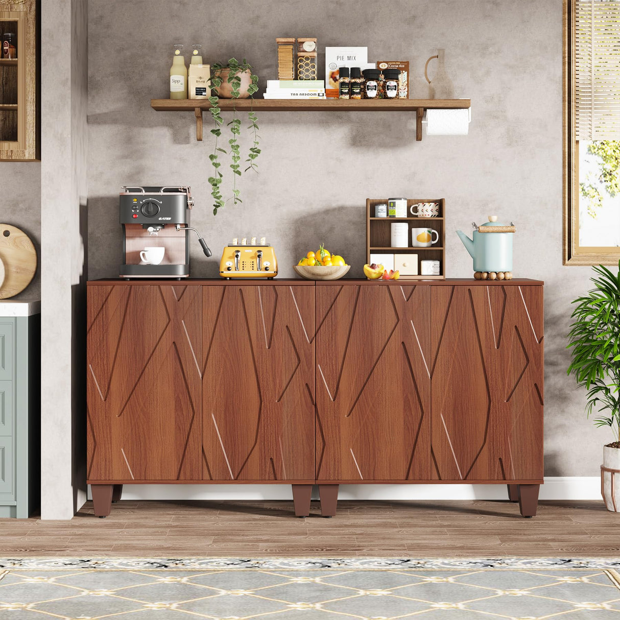 Tribesigns Sideboard Buffet Storage Cabinet Set of 2, Retro Kitchen Sideboard Cabinet with Adjustable Shelves 55" Accent Cabinet with Doors for Living Room, Walnut (Walnut) Tribesigns