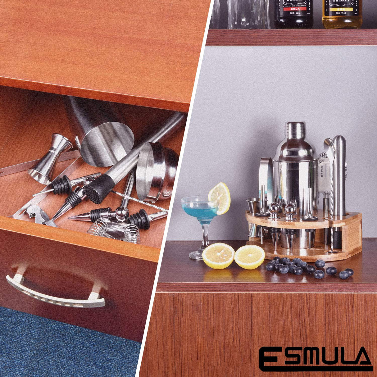 Esmula Bartender Kit with Stylish Bamboo Stand, 12 Piece 25oz Cocktail Shaker Set for Mixed Drink, Professional Stainless Steel Bar Tool Set, Gift for Man Dad- Cocktail Recipes Booklet (Silver) Esmula