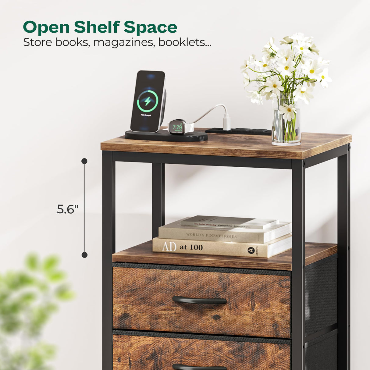 Huuger Night Stand with Charging Station, 4 Drawer Dresser for Bedroom, Bedside Table, 33.9 Inch Tall Nightstand with Open Shelf, End Table, for Closet, Entryway, Bedroom, Rustic Brown Huuger