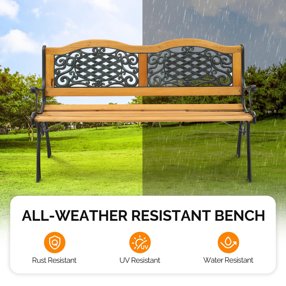 VINGLI Outdoor Bench Metal Garden Bench Front Porch Bench, Wood Patio Bench w/PVC Backrest Cast Iron Love Seat Park Benches (Arched Back) VINGLI