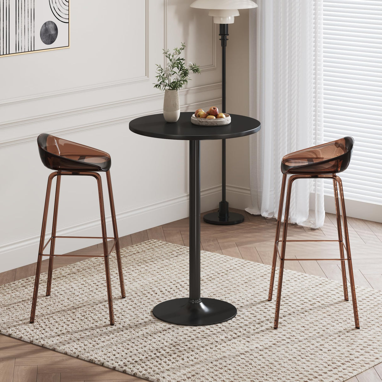 Flamaker Modern Black Round Bistro Pub Table - Stylish Metal Base with MDF Top for Dining and Entertaining Flamaker
