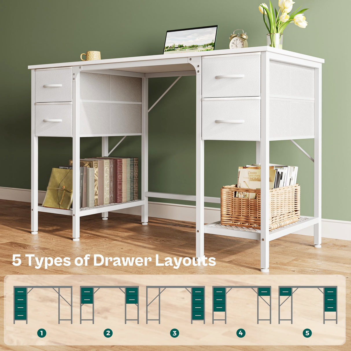 Huuger 47 Inch Computer Desk with 4 Drawers, Office Desk with Mesh Shelf, Gaming Desk, Large Storage, Writing Desk Work Desk for Home Office, Study, Bedroom, Work from Home, White Huuger