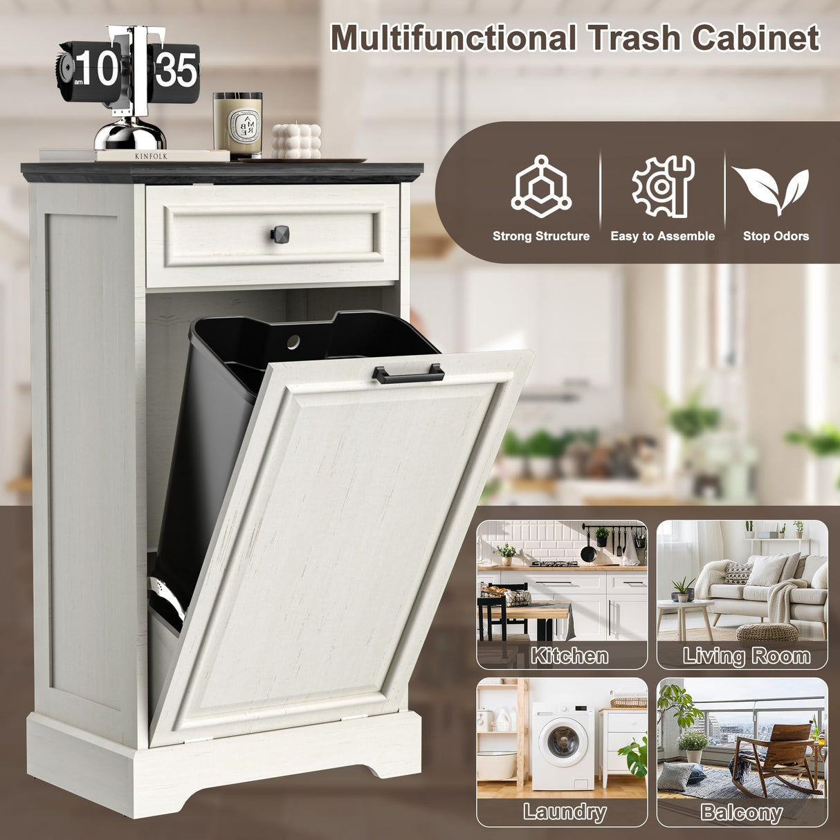 Spurgehom 13 Gallons Tilt Out Trash Cabinet Free Standing Kitchen Trash Garbage Bin Recycling Trash Cabinets with Hideaway Drawer Pet Proof Trash Can Holder for Kitchen, Antique White and Black Spurgehom