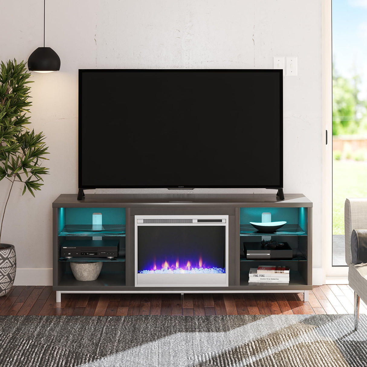 Ameriwood Home Lumina Fireplace TV Stand for TVs up to 70 Inch, Replaceable Electric Fireplace Insert Heater, Remote Control, Timer, Color Changing LED Lights, Crystal Ember Flames, Graphite Gray Ameriwood Home
