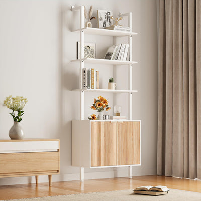 74" Tall Bookshelf with Storage Cabinet, Modern Ladder Shelf with Wood and Metal Frame, Wall Mount Bookcase Open Display Shelf Furniture for Living Room, Bedroom, Home Office, White and Oak