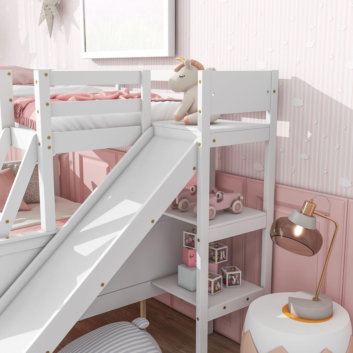 Bellemave Bunk beds Twin Over Full Size Slide and Stair, bunk Bed with Storage, Twin Over Full bunk beds for Kids, Floor bunk Bed, Low bunk Bed for Kids,White Bellemave