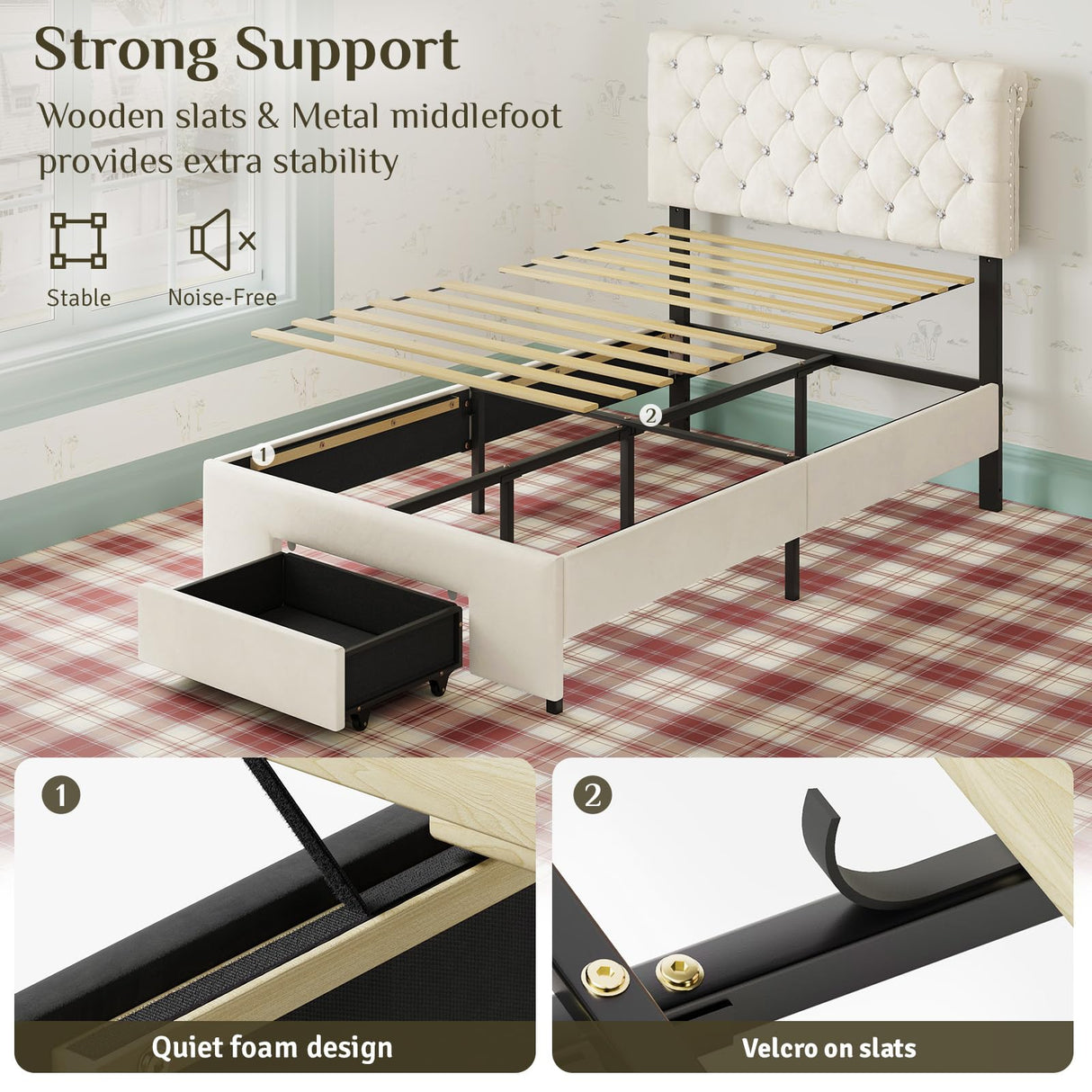 Belffin Twin Size Bed Frame with 1 Storage Drawer, Upholstered Bed Frame with Adjustable Diamond Headboard, Velvet Modern Platform Bed Frame, No Box Spring Needed, Easy to Assemble, Beige Belffin