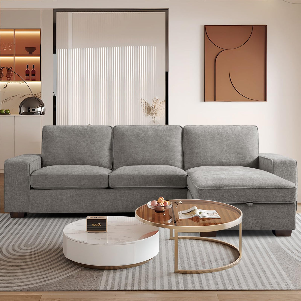 PARKOL 102" L-Shaped Sectional Couch with Storage, Sofa with Reversible Chaise, USB Type-C Charging, Chenille Fabric, Removable Cushion Covers, for Small Space, Apartment, Living Room, Light Gray PARKOL