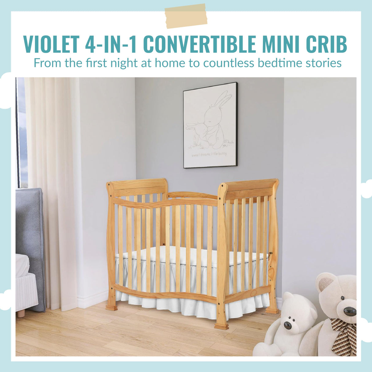Dream On Me Violet 4-In-1 Convertible Mini Crib In Natural, Greenguard Gold Certified, JPMA Certified, 3 Position Mattress Height Settings, Non-Toxic Dream On Me