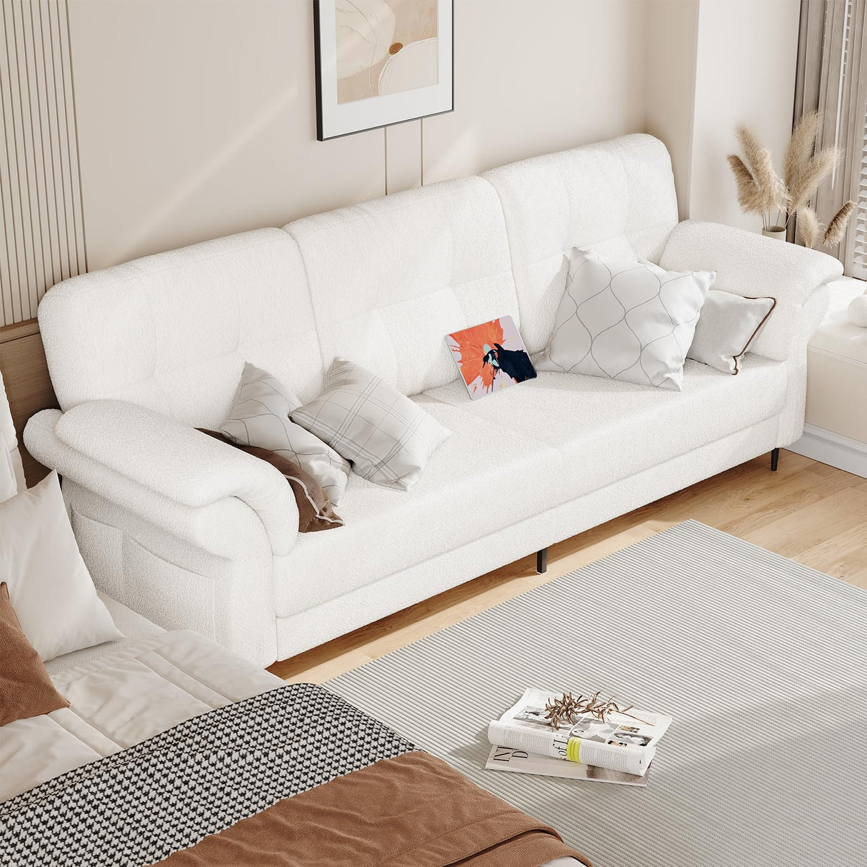 GarveeHome 83.5" Sofa for Living Room,Modern Sofa Couch- 3 Seater Sofa with Removable Pillows,Comfy Sofa Couch with Wide Seats,Teddy Fleece Sofa,Couch for Living Room Apartment Lounge,White GarveeHome
