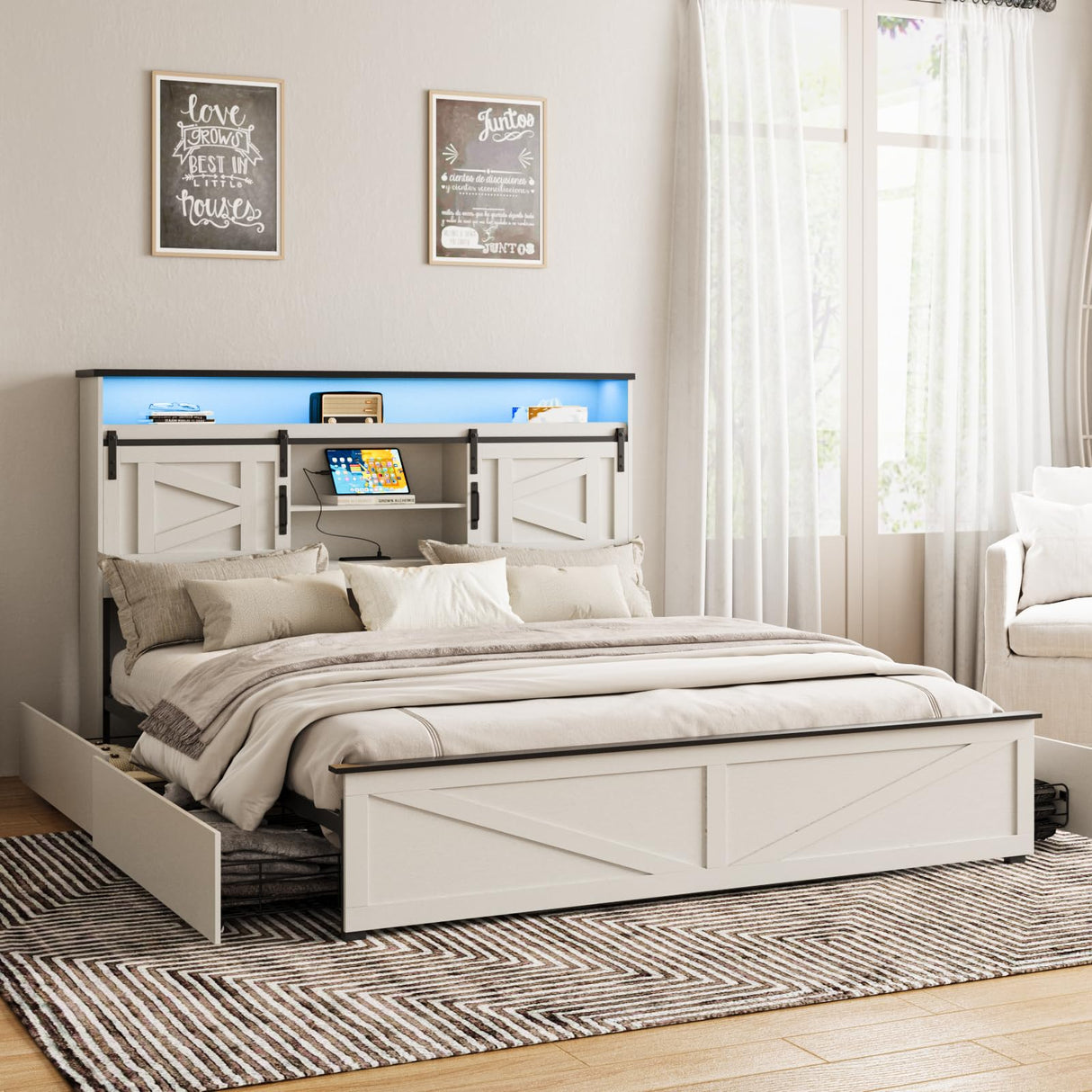 Fameill Farmhouse King Size Bed Frame with 4 Drawers and Bookcase Headboard, Sliding Barn Door Storage Shelves, LED Lights and Charging Station, No Box Spring Needed, Antique White Fameill