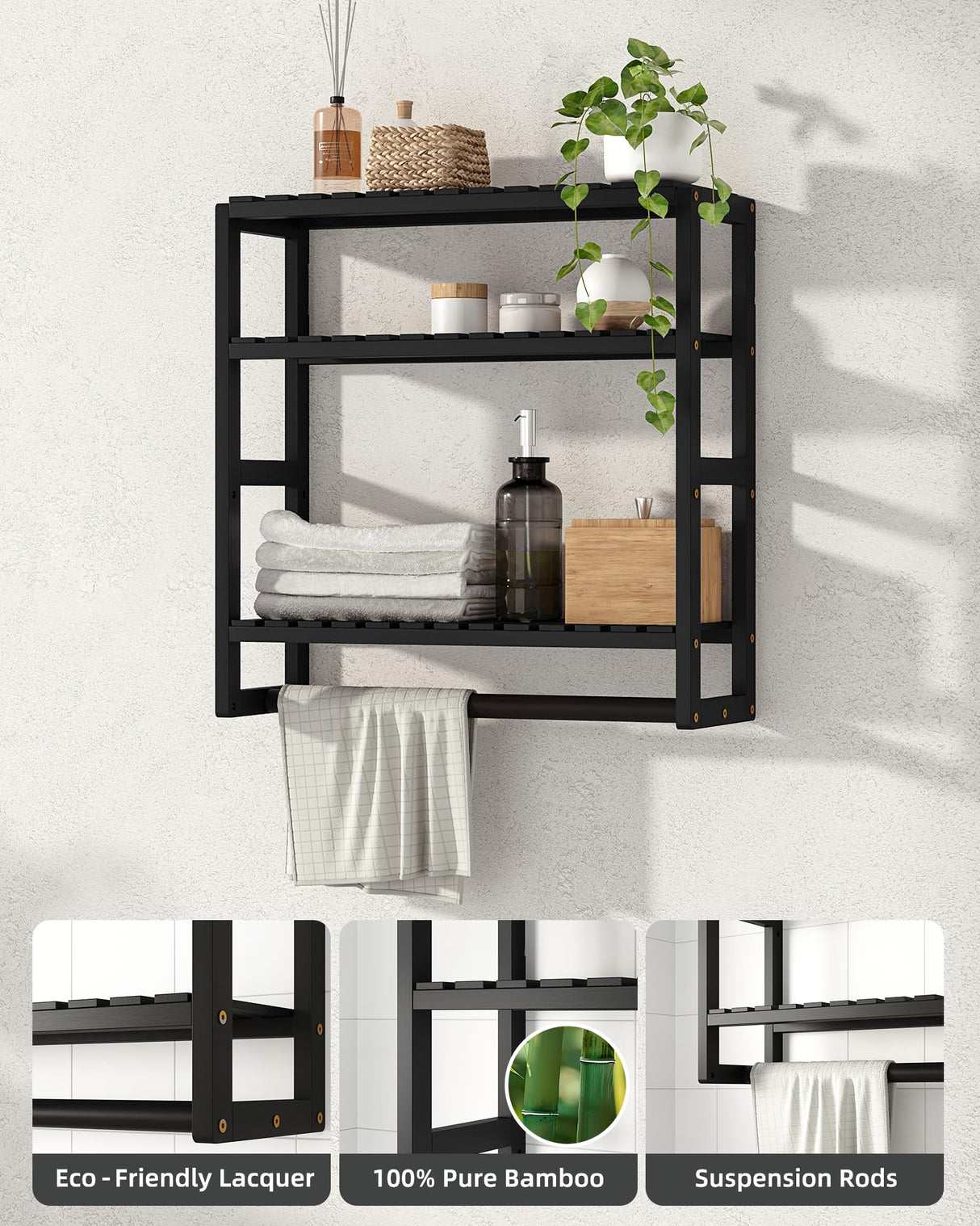Galood Bathroom Shelves Towel Racks Over Toilet Storage with Towel Bar 3 Tier Floating Wall Mounted Space Saving Bamboo Paper Holder for Bathroom Laundry Room Kitchen Organizers (Black) Galood