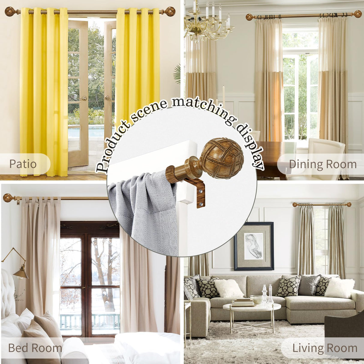 Wood Curtain Rods for windows 48 to 84 Inch(4-7ft): 1 Inch Adjustable Heavy Duty Curtain Rods,Netted Wood Grain Window Curtains Rods for Farmhouse,Living room, bedroom, kitchen, etc. Size:36-88" Ycolnaefllr