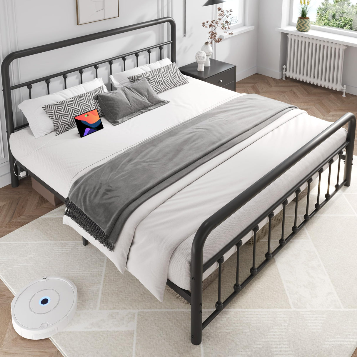 Fluest 14 Inch King Bed Frame Classic Metal Platform Bed Frame with Charging Station & LED, Victorian Style Iron-Art Headboard/Footboard, Under Bed Storage, No Box Spring Needed, Noise Free Fluest