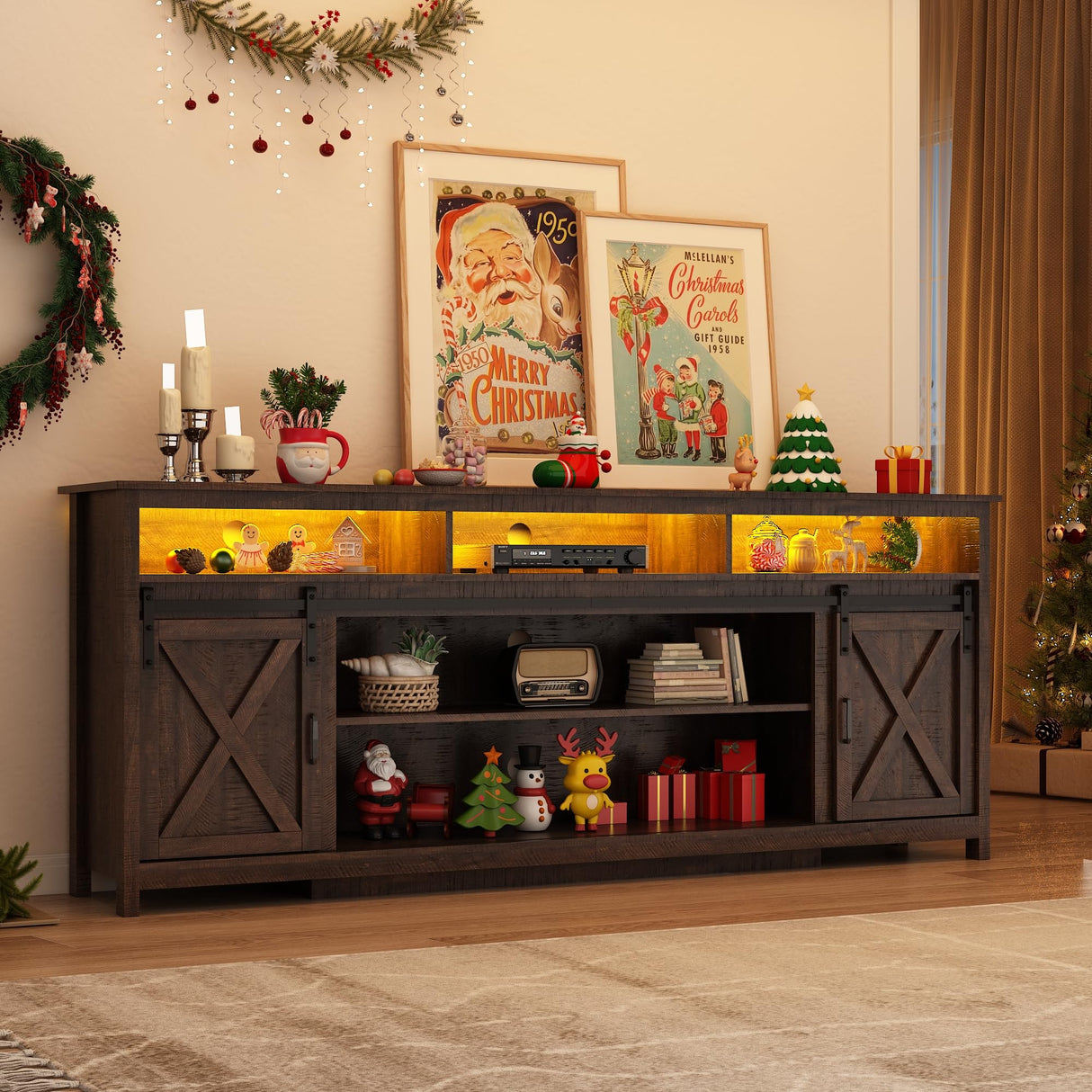 80" LED Farmhouse TV Stand for 90/85/80 Inch TVs,Tall Entertainment Center Storage Cabinets w/Power Outlets and Sliding Barn Door,Rustic TV Stands for Living Room,Media Console Cabinet (Rustic Brown) Hlivelood