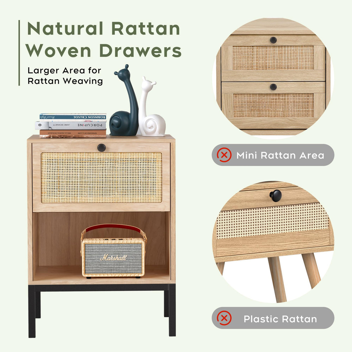 Rattan Nightstand Set of 2, End Table, Bedside Table, Rattan Side Table with Handmade Natural Rattan Decorative Door, Accent Table, Modern Nightstand for Bedroom, Living Room Yechen