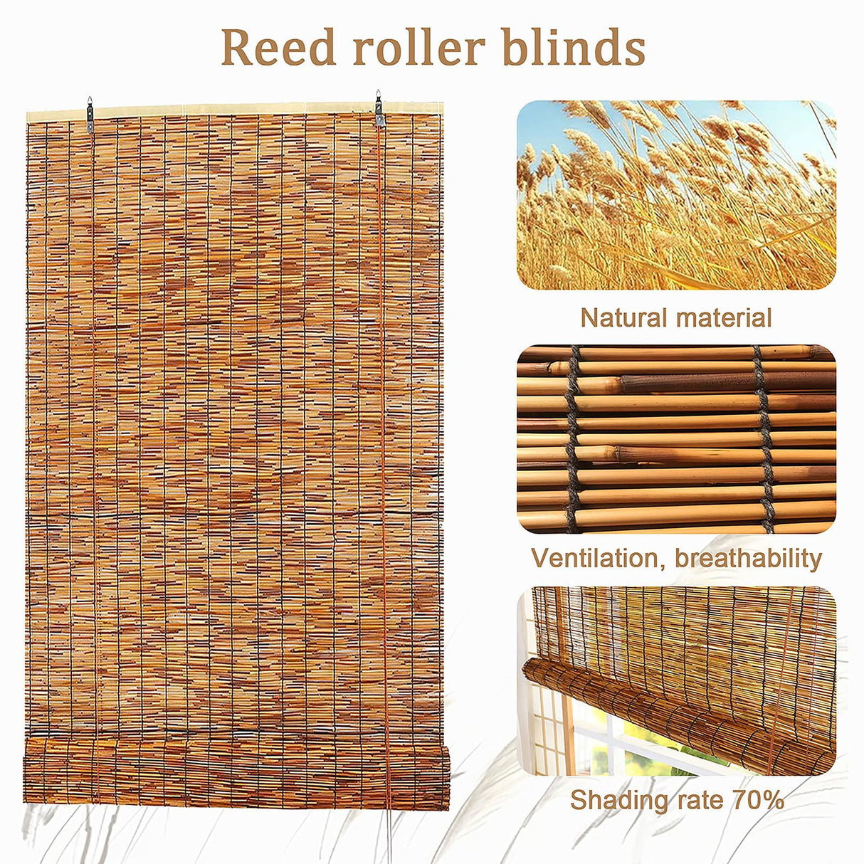 Reed Roller Blinds Bamboo Blinds Bamboo Shades Roman Blinds Outdoor Shades, Ventilation and Sun Protection, for Windows Porch Patio, Easy to Install and use-Carbonized Color ZAZRLW