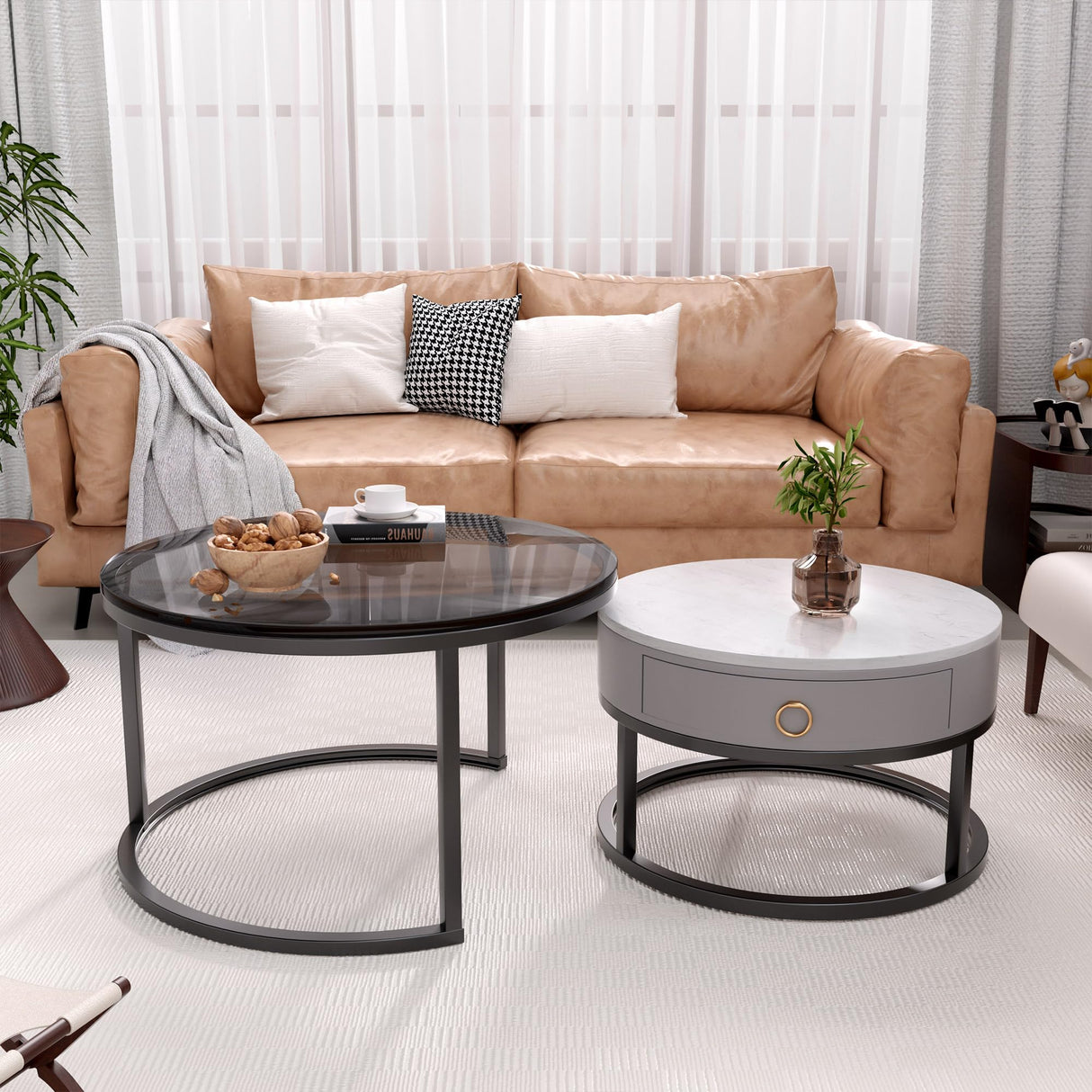Jerry & Maggie Ø 27.5" Modern Nesting Coffee Table Set of 2, Round Glass Coffee Table & Side Table with Drawer, Tempered Glass & Leather Upholstery, Coffee Tables for Living Room, Small Space Friendly Jerry & Maggie