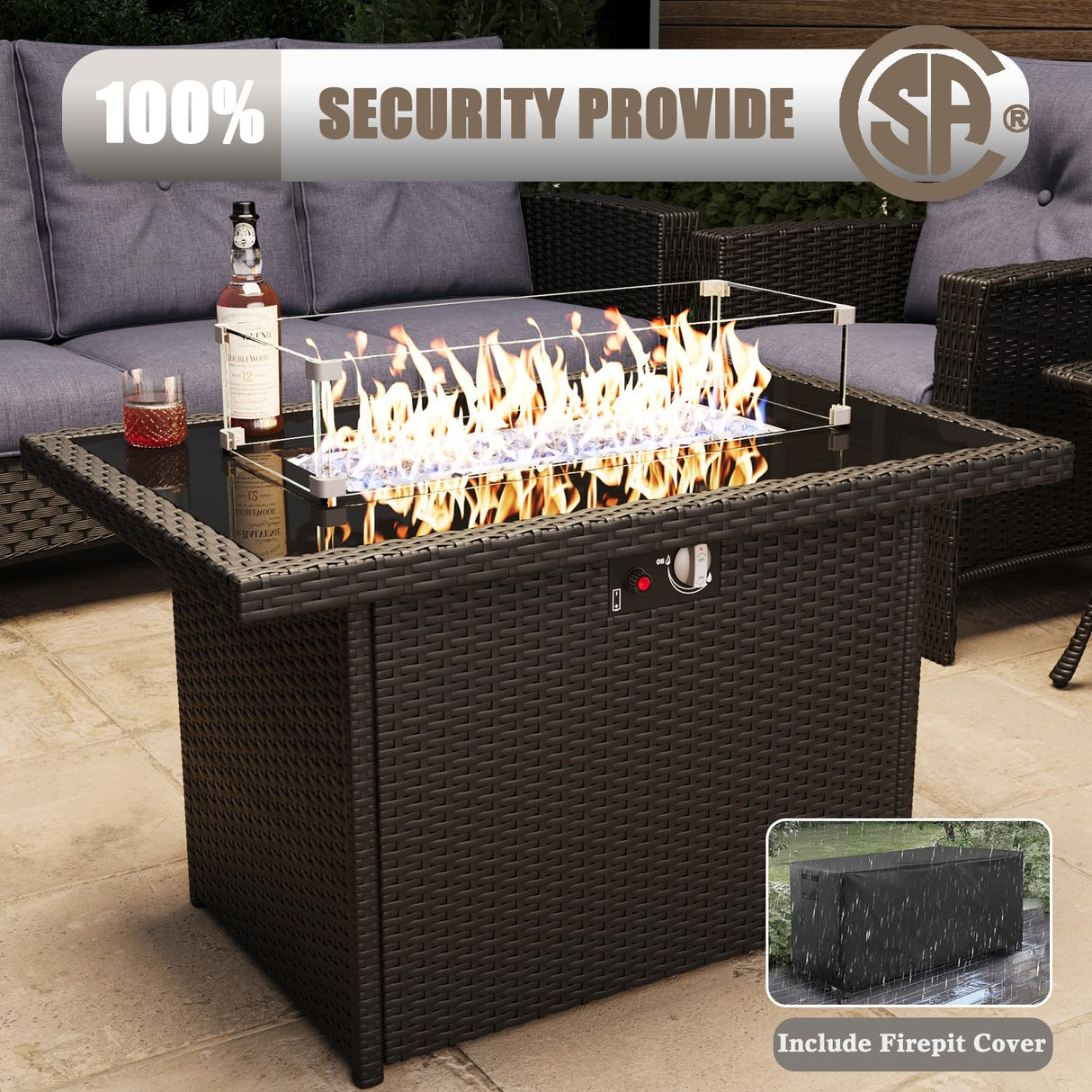 LayinSun 10 Piece Wicker Patio Furniture Set with Fire Pit Table, Classis Outdoor Conversation 360 Degree Swivel Chairs Set with Coffee Table LayinSun