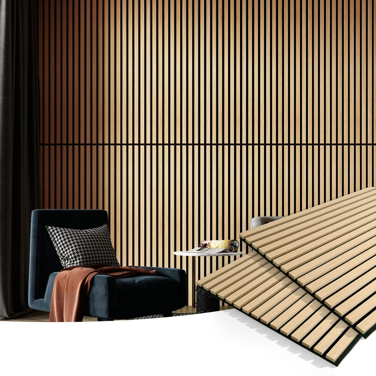 Art3d 2 Wood Slat Acoustic Panels for Wall and Ceiling - 3D Fluted Sound Absorbing Panel with Wood Finish - Oak Art3d