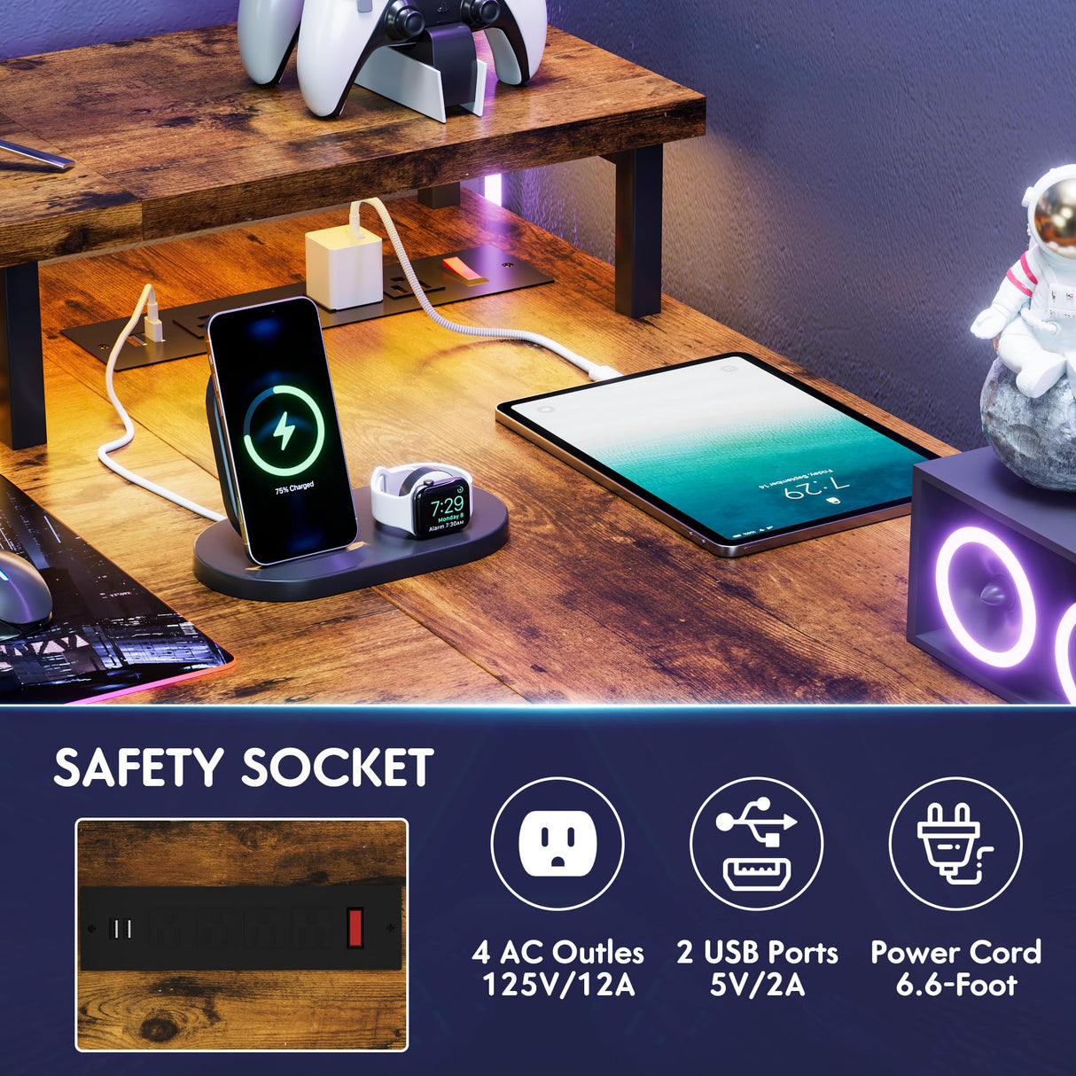 Homall L Shaped Gaming Desk with LED Lights&Power Outlets, 47'' Reversible Computer Corner Table with Shelves&Monitor Stand, Home Office(Rustic Brown) Homall