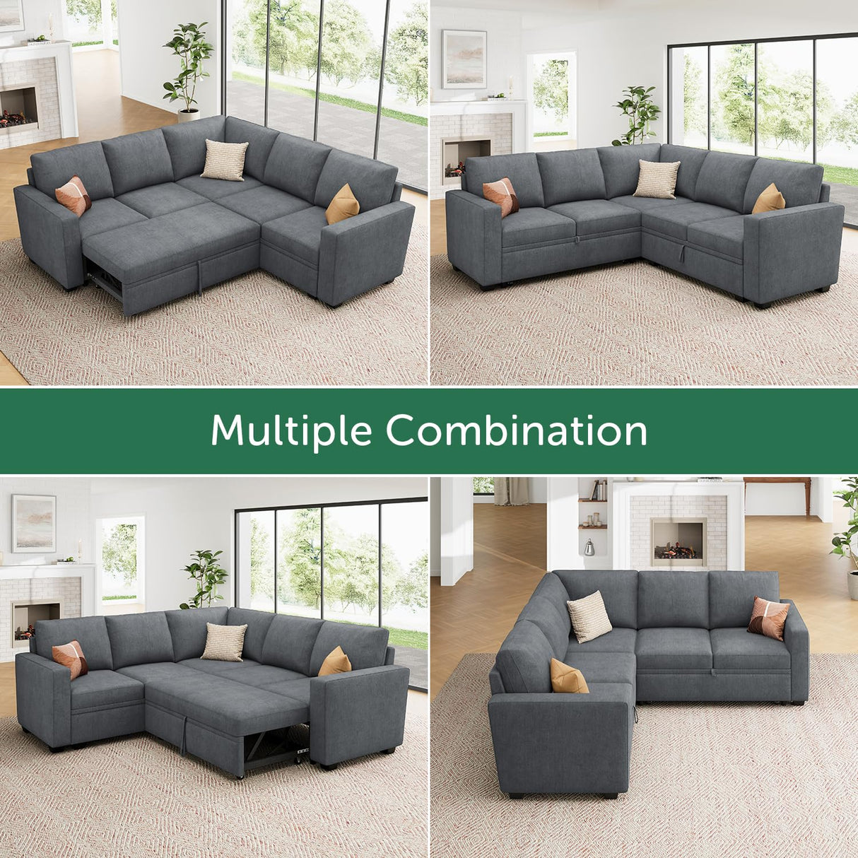 HONBAY Modular Sectional Sleeper Sofa with Pull Out Bed, Chenille L Shaped Couch with Storage Seats, Convertible Sectional Couches for Living Room, Bluish Grey HONBAY