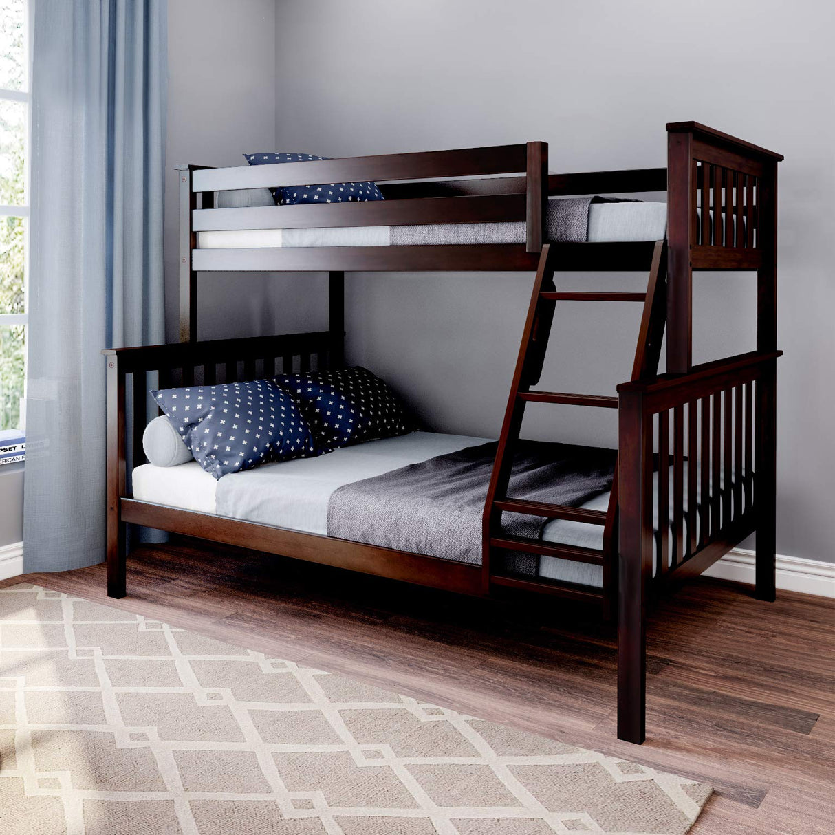 Max & Lily Twin Over Full Bunk Bed in Espresso - Solid Wood Frame with Removable Ladder and Safety Guardrails Max & Lily