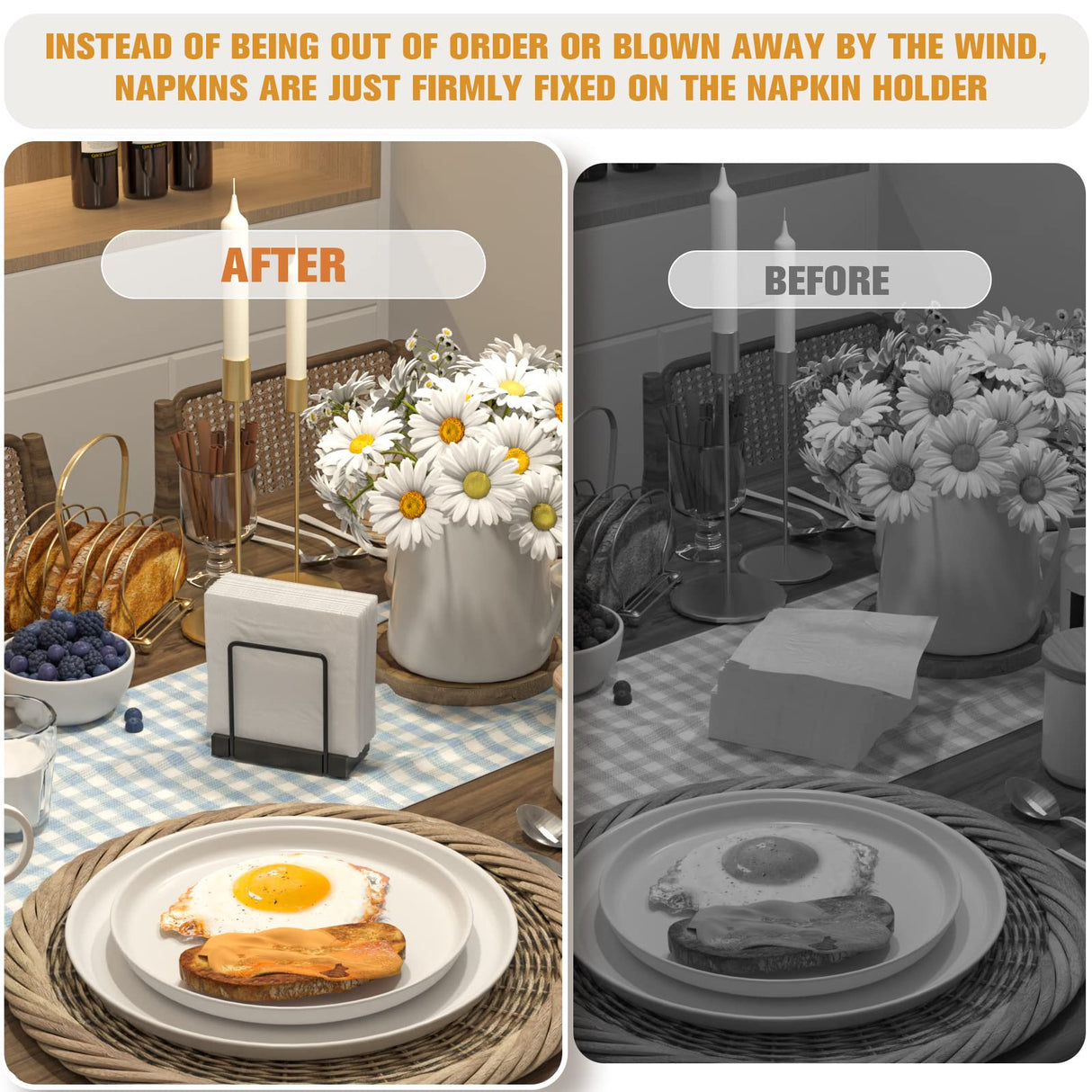 Wican Napkin Holder for Table, Bamboo Iron Standing Napkin Dispenser for Kitchen Dining Farmhouse Cocktail Picnic Bar Rustic Wood Holders for Paper Mail Bills Suitable for All Dining Room Decors Black Wican