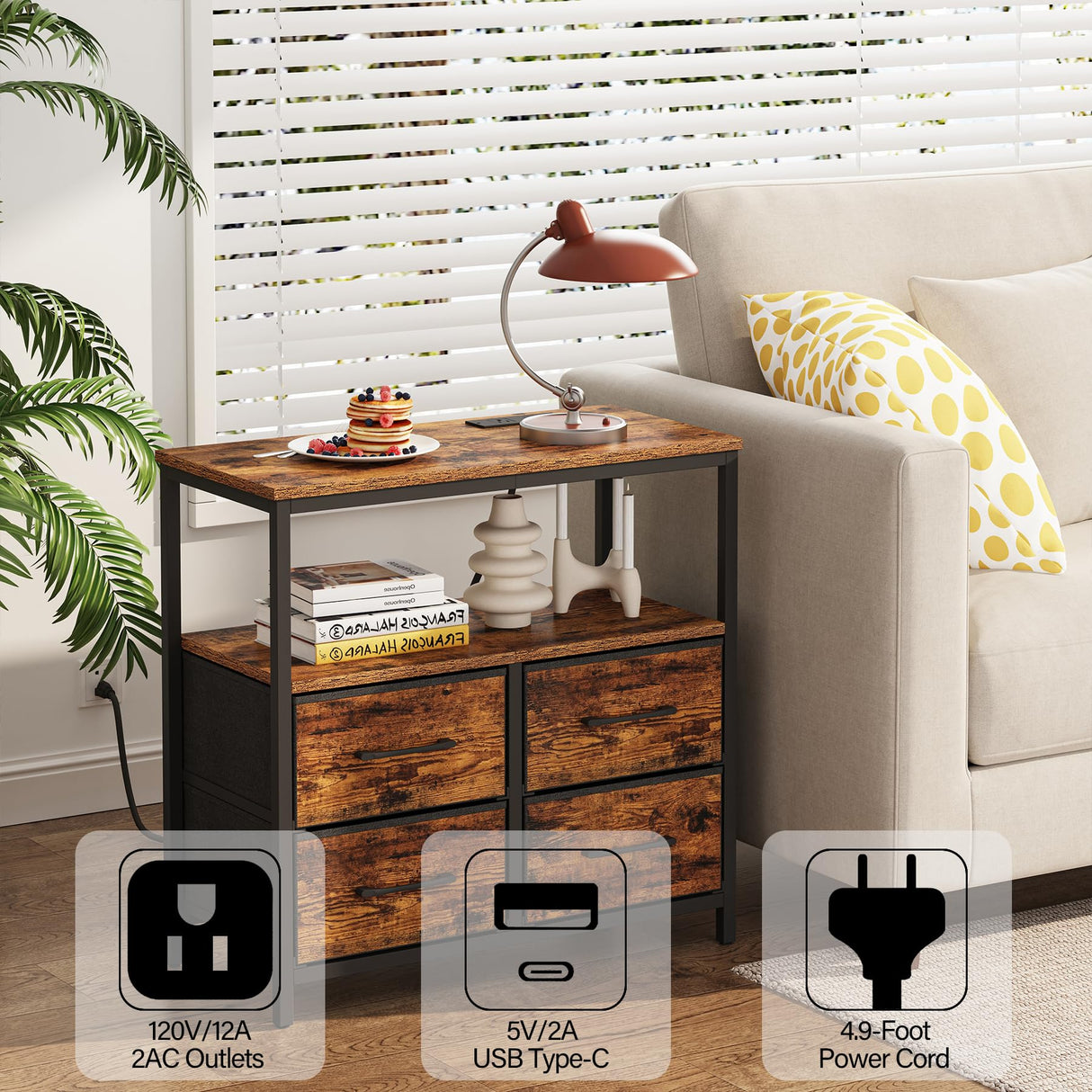 TUTOTAK LED Night Stand with Charging Station, Large Nightstand with USB and Type-C Port, Bedside Table with Cloth Drawers, End Table for Livingroom, Bedroom, Brown TB01BB081L TUTOTAK