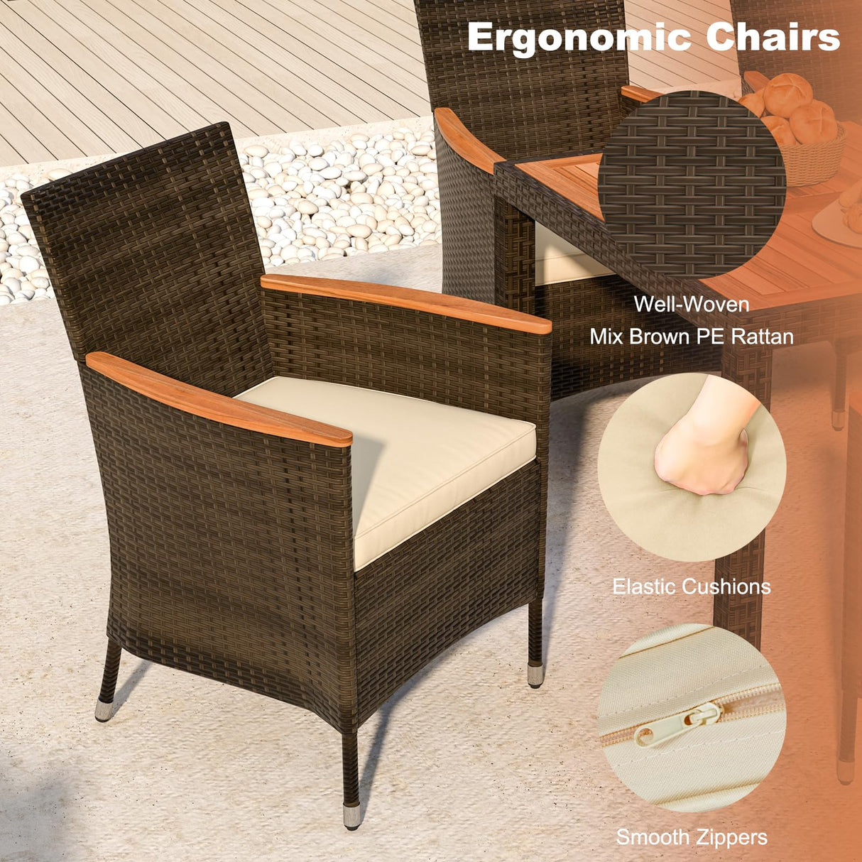 HAPPYGRILL 7 Pieces Rattan Wicker Patio Dining Set, Outdoor Dining Set with Cushions, Large Dining Table with Acacia Wood Top, Outside Dining Furniture Set with Umbrella Hole HAPPYGRILL