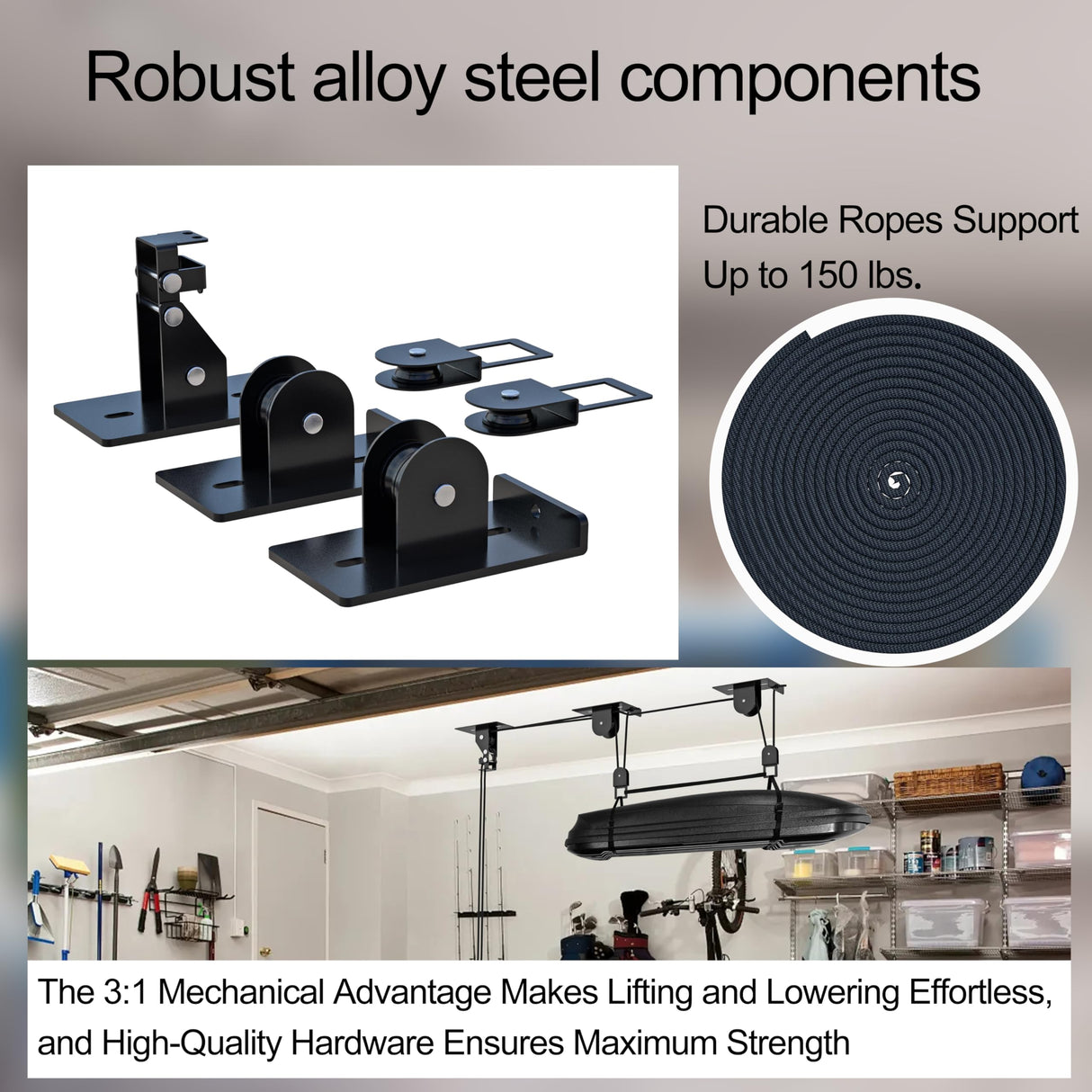 TRUSOON 2025 Upgrade Cargo Box Garage Pulley System, Garage Ceiling Hoist Heavy-Duty Holds up to 150 lbs Capacity, Fit 10-14 Foot Ceilings, Black TRUSOON