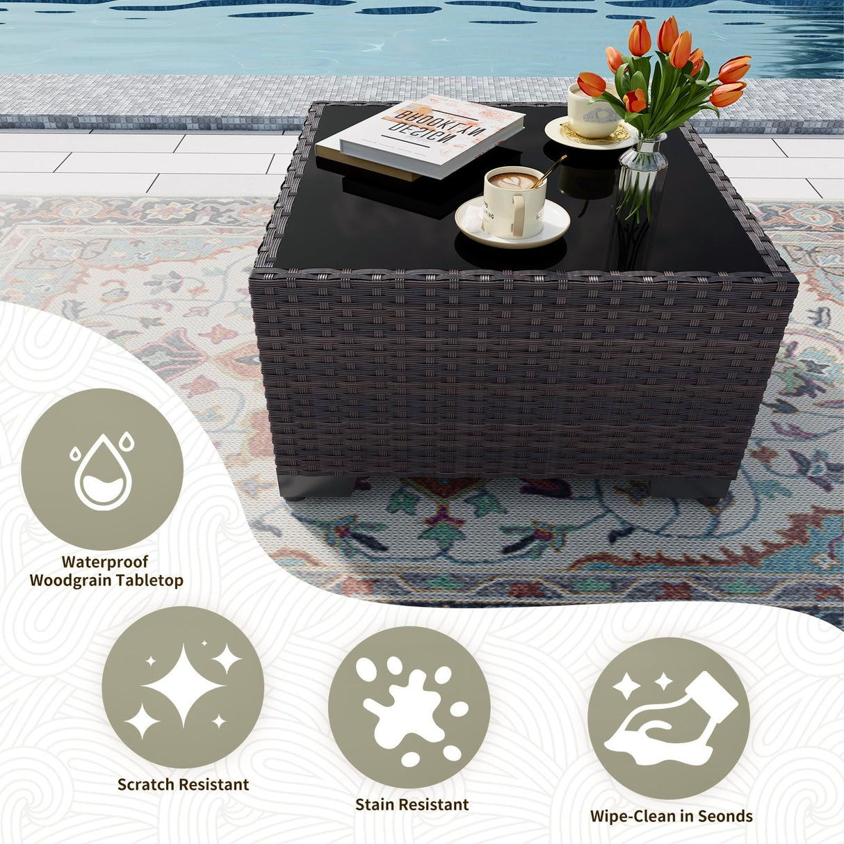 Gotland 7 Pieces Patio Furniture Set with 1 Coffee Table, 6 Seater Wicker Rattan Patio Set with 29.5'' High Backrest Thick Cushions Adjustable Foot Pads, for Porch Deck Garden Green Blue Gotland