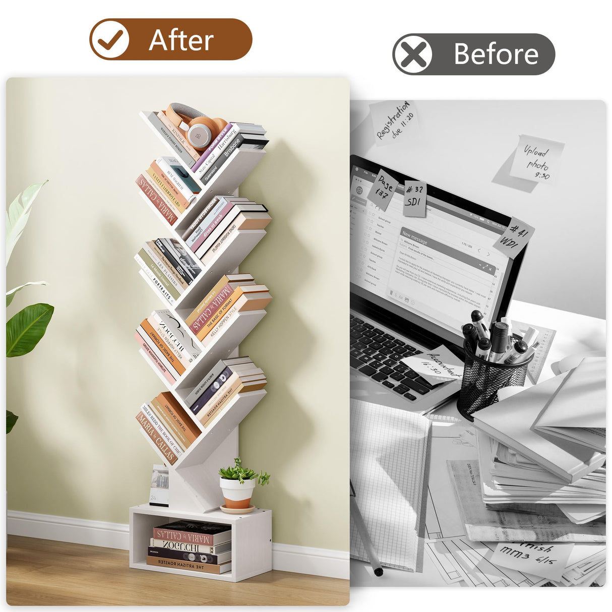 Hoctieon 9 Tier Tree Bookshelf, Tall Bookcase with Drawer, Wood Book Shelf, Modern Floor Standing Bookshelves, Book Organizer Shelves for Bedroom, Living Room, Home Office, White Hoctieon