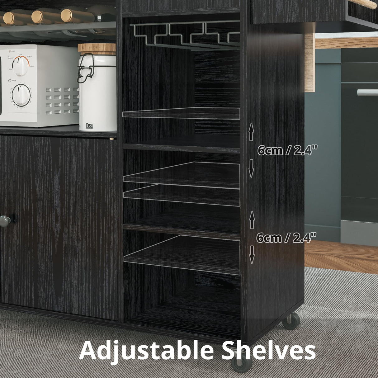 IRONCK Rolling Kitchen Island Cart with Drop-Leaf and Wine Rack, Microwave Rack Serving Cart on Wheels with Drawer & Shelves & Spice Rack & Cup Hanging, Black IRONCK