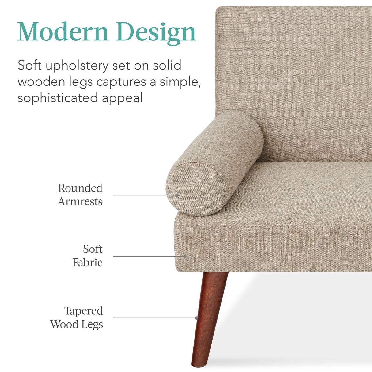 Best Choice Products Mid-Century Modern Upholstered Futon, Convertible Folding Sofa Bed, Small Couch w/Rounded Armrests, 2 Cupholders - Sand Best Choice Products