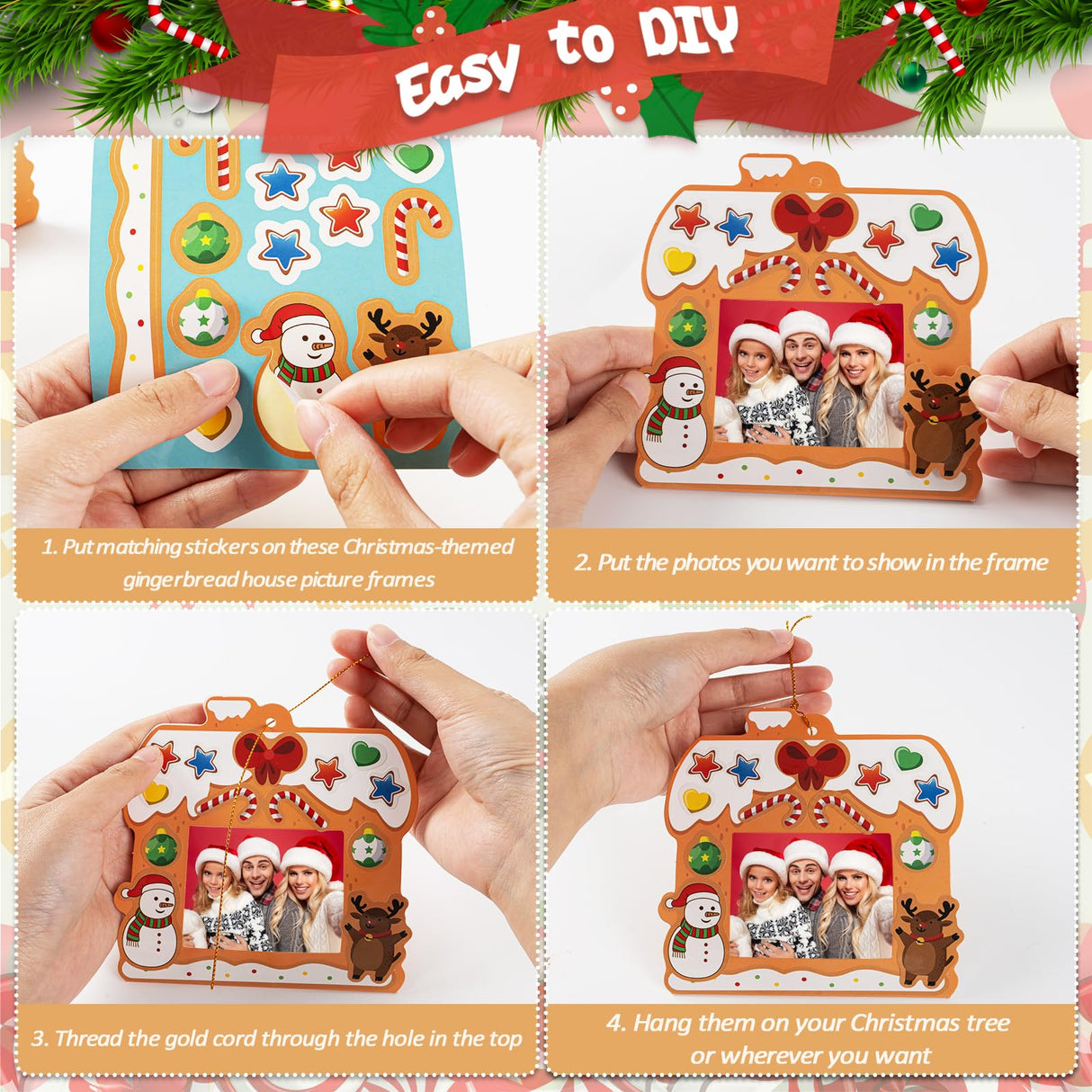 28 Pack Christmas Picture Frame Craft Kits for Kids, Xmas DIY Gingerbread House Candy Photo Craft Christmas Hanging Frame Ornaments for Xmas Tree Holiday Art Decorations Home Class Game Activities GuassLee