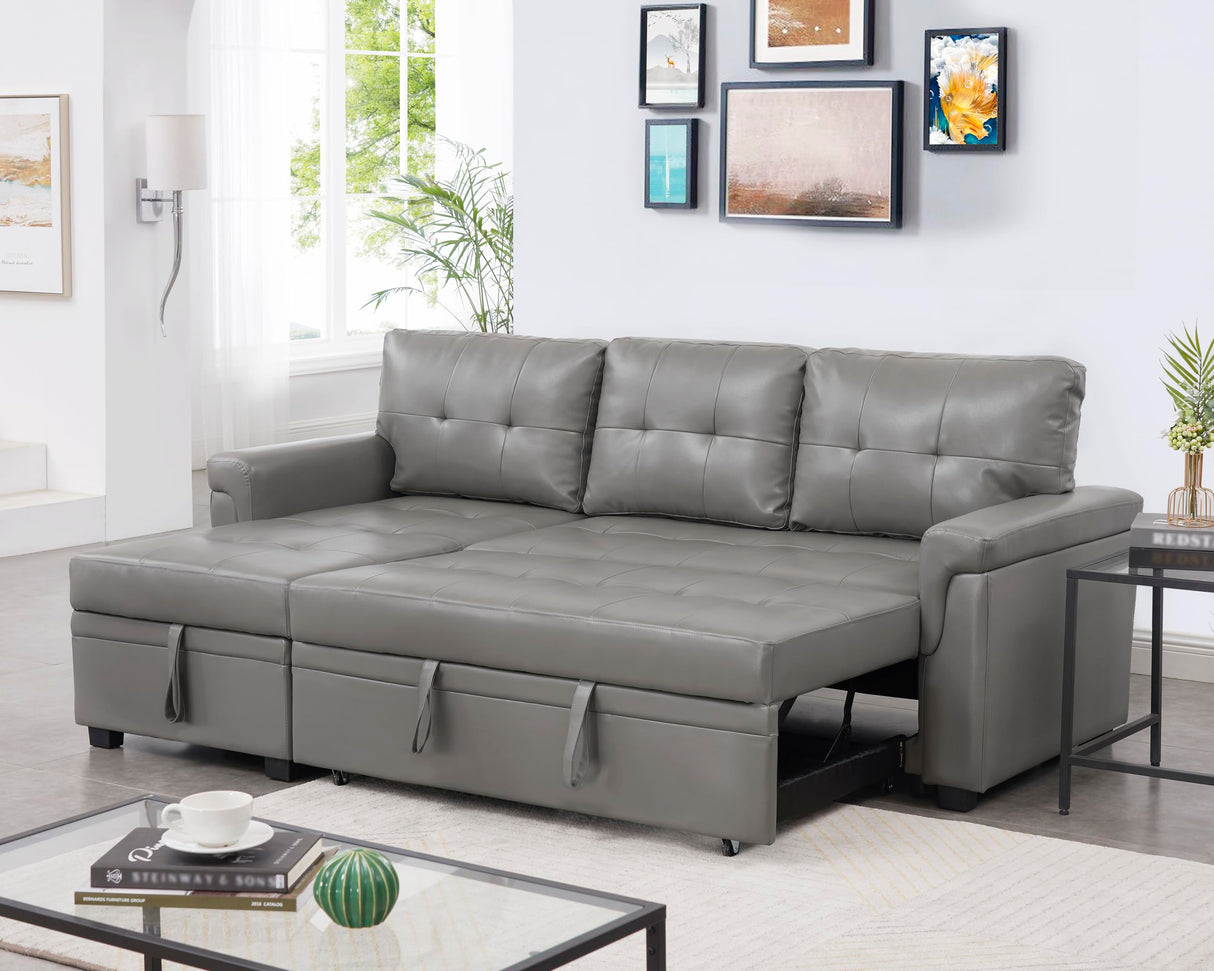 Naomi Home Jenny Sectional Sofa Sleeper with Storage Chaise, Tufted Pull Out Couch with Storage, Sectional Bed, L-Shaped Reversible Sleeper Sofa, Gray,Air Leather Naomi Home