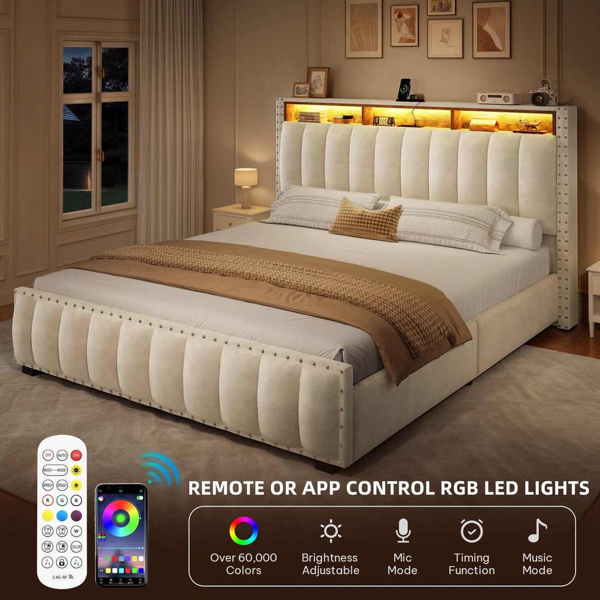 DWVO Queen Size Lift Up Storage Bed Frame with Charging Station, Velvet Upholstered Platform Bed with RGB LED Lights, Storage Headboard, Wingback Rivet Design, No Box Spring Needed, Noise-Free, Beige DWVO