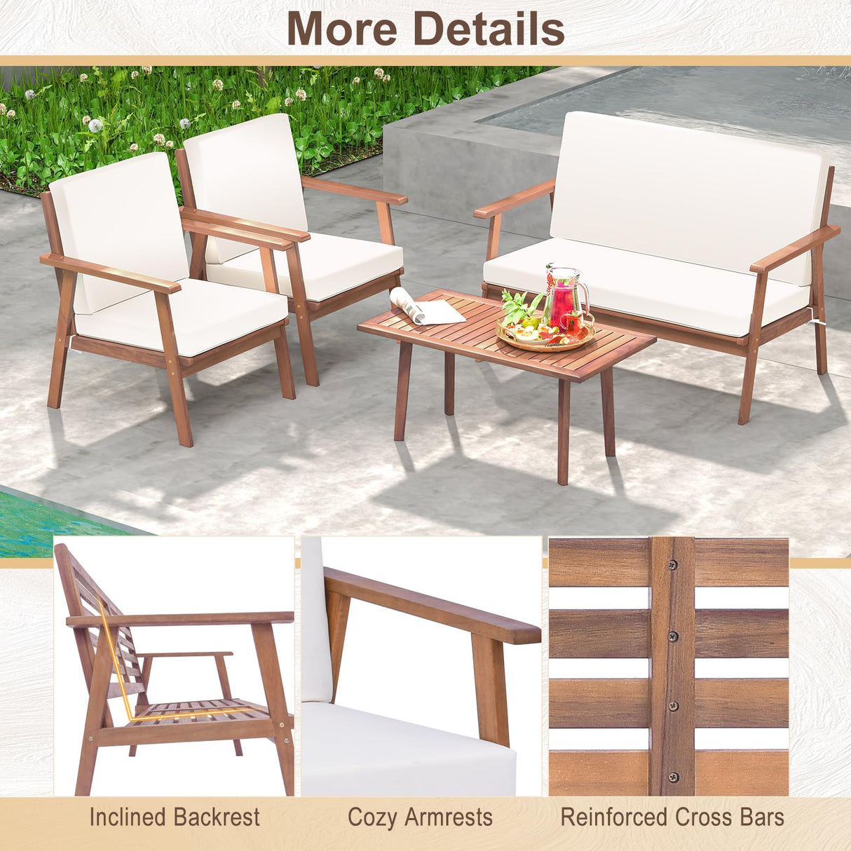 Tangkula 4 Piece Outdoor Conversation Set, Acacia Wood Sofa Set with Soft Seat & Back Cushions, Rectangle Coffee Table Patio Wood Furniture Set for Backyard, Poolside, Garden (1, Off White) Tangkula
