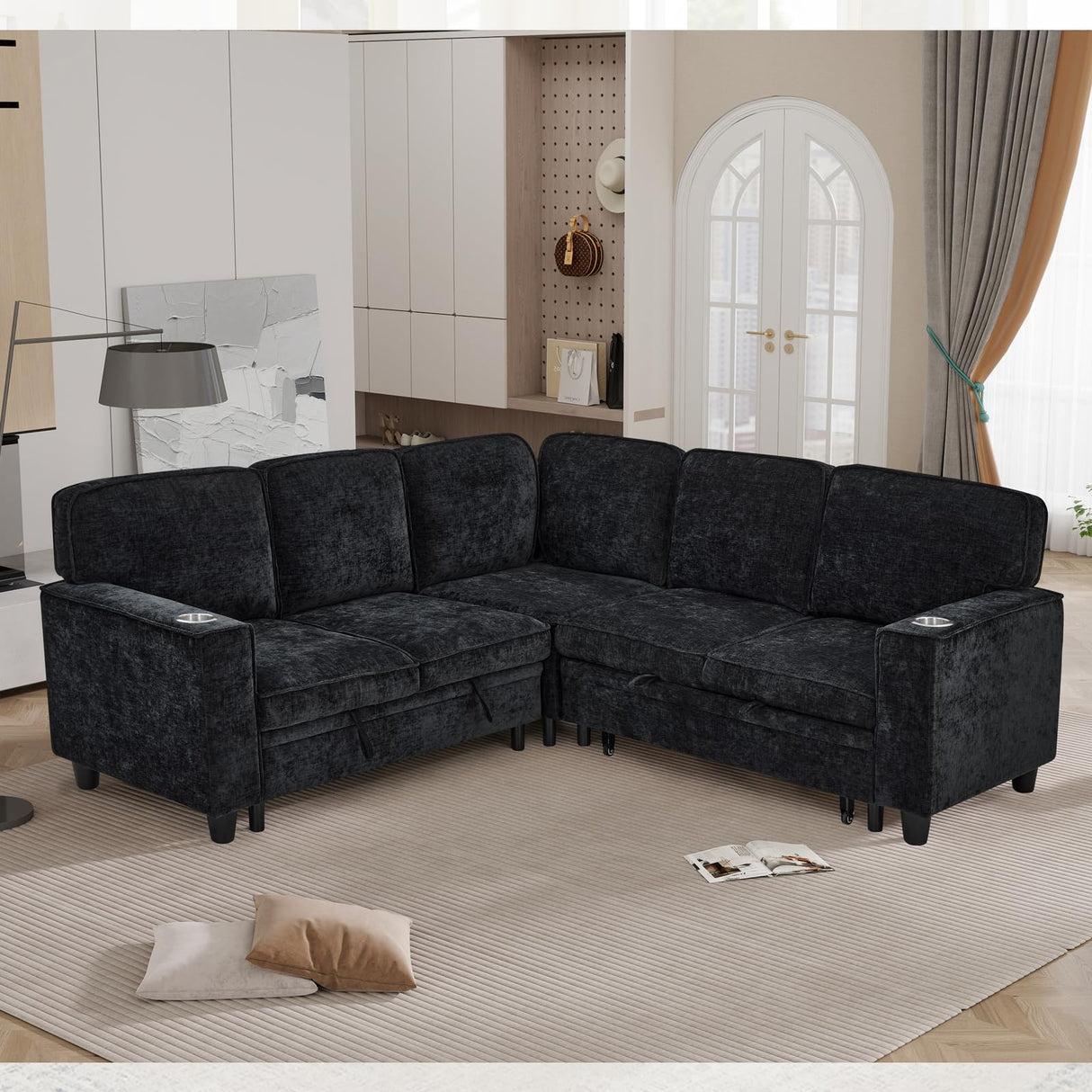 KEIKI 81" L-Shaped Oversized Chenille Modular Sectional Sleeper Sofa with Pull-Out Bed, Storage Seat, Modern 5-Seater Upholstered Couch Bed with Charging Station, Easy Assembly, for Living Room, Black KEIKI