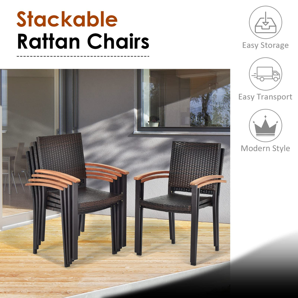 Tangkula 7-Piece Wicker Patio Dining Set, Patiojoy Outdoor Rattan Garden Yard Furniture Set, Acacia Wood Tabletop Dining Table with Umbrella Hole & 6 Stackable Rattan Chairs Set Tangkula