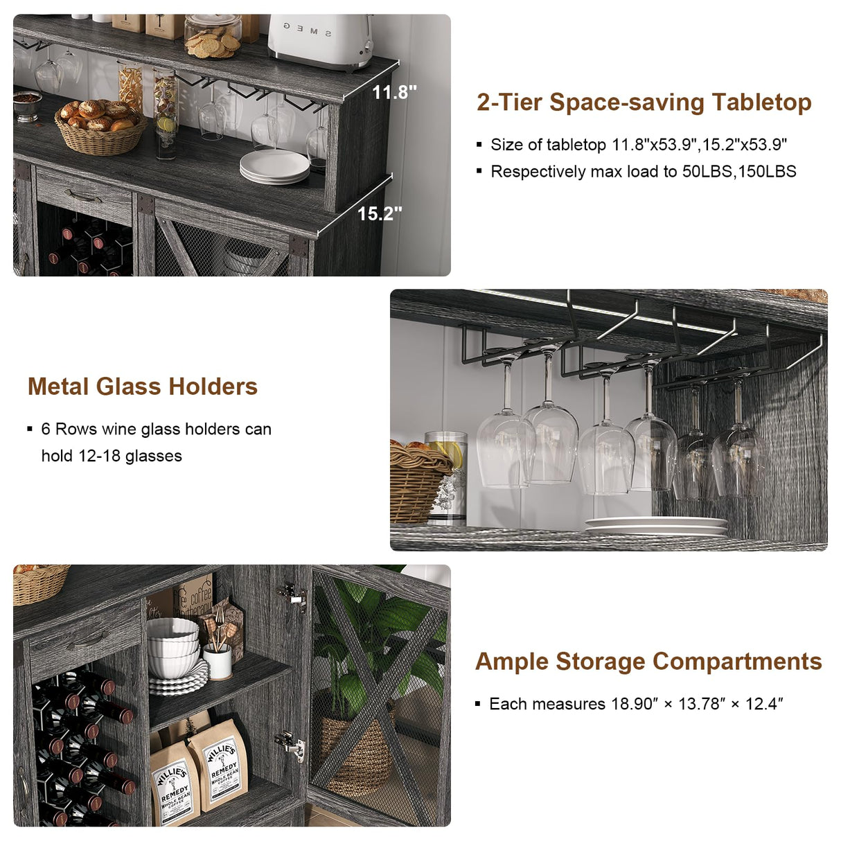 Wine Cabinet, Coffee Bar Cabinet with Storage, 54" Liquor Cabinet Bar for Home, Wine Bar Cabinet with Glass Rack, Drawer and LED Lights, Farmhouse Buffet Sideboard for Dining Room, Kitchen, Grey JOINICE