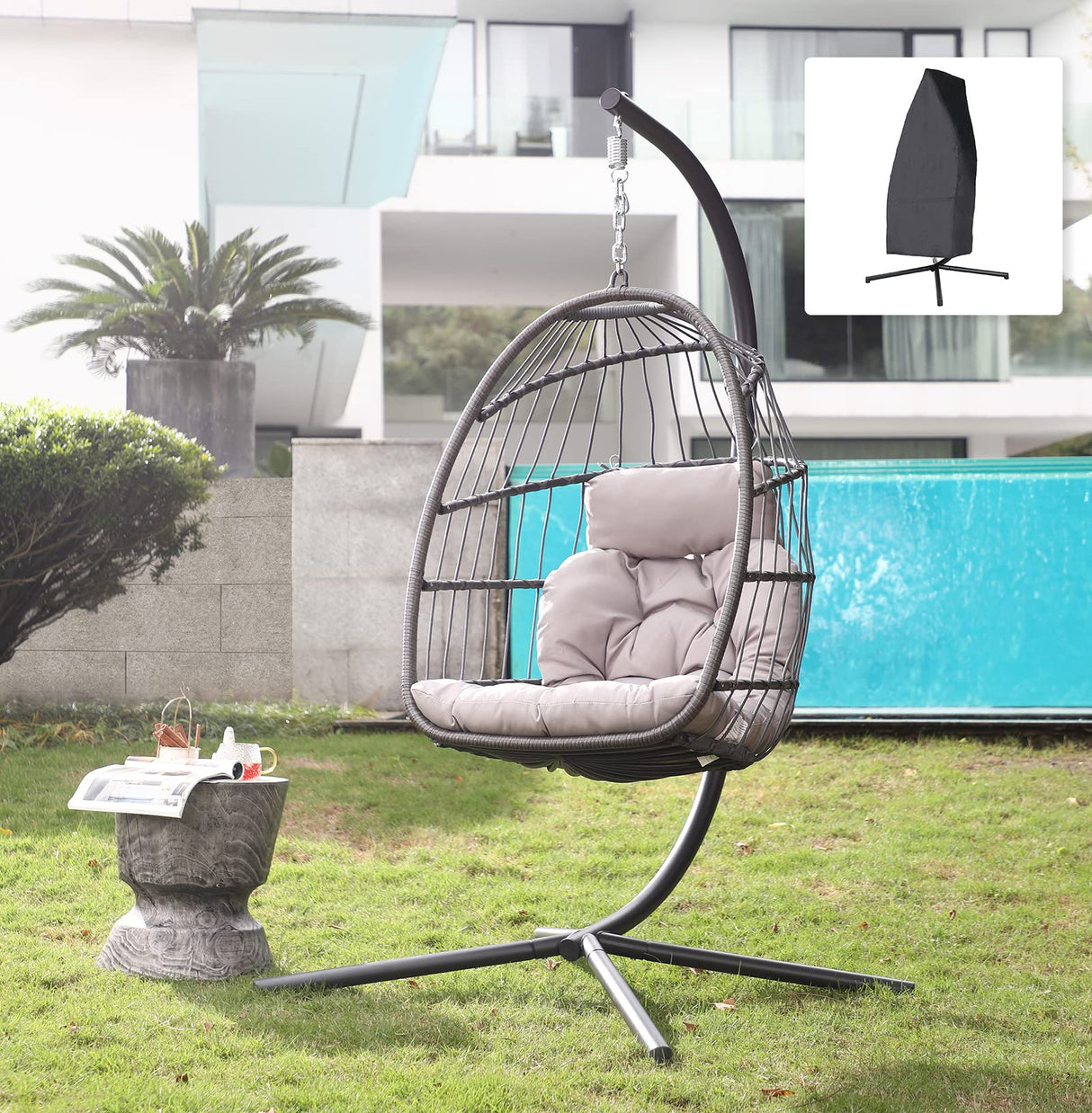 Patiorama Indoor Outdoor Egg Swing Chair with Stand, Patio Grey Wicker Rattan Hanging Chair with Rope Back, Cushion,Cover,All Weather Foldable Hammock Chair for Bedroom, Garden (Light Grey) Patiorama