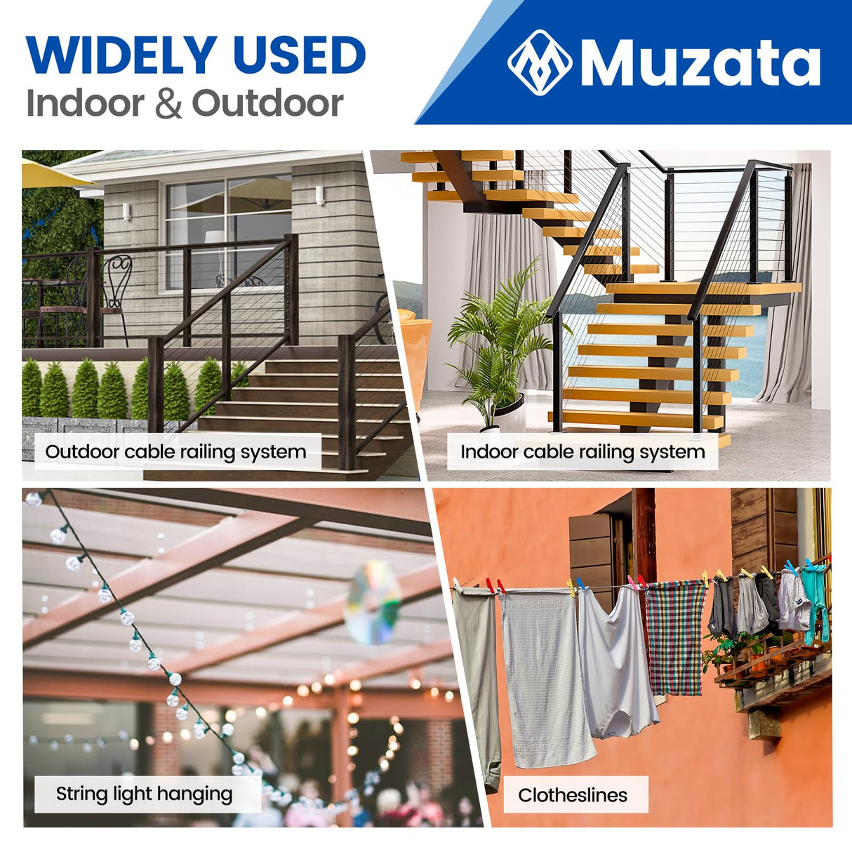 Muzata 600 ft 1/8" Black Stainless Steel Cable Railing System Hardware T316 Stainless Steel Wire Rope 7x7 Strands 1800 lb Breaking Strength Black Cable Railing Kit for Indoor Outdoor WR19 Muzata